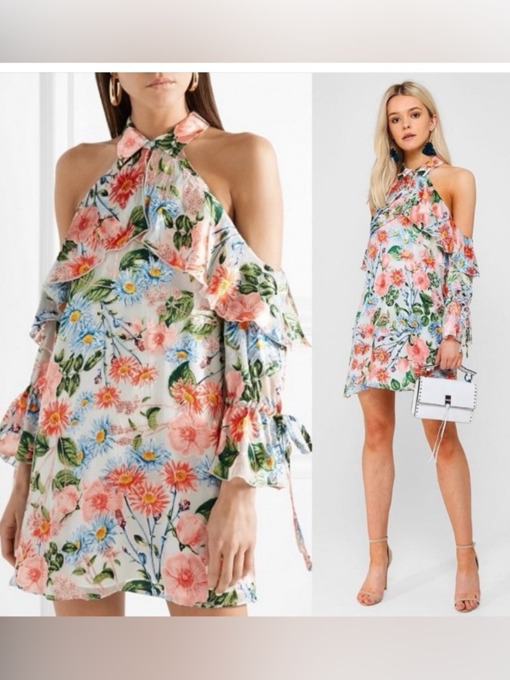 Alice + Olivia Pink Floral Cold-Shoulder Halter Mini Dress